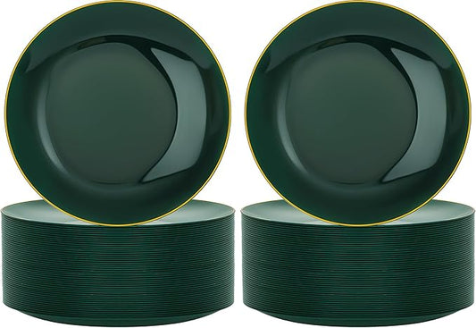Nervure 100Pcs Green and Gold Plastic Plates - 10.25inch Disposable Green Dinner Plates - Heavy Duty Plastic Plate Ideal for Wedding & Party (Pack of 2)