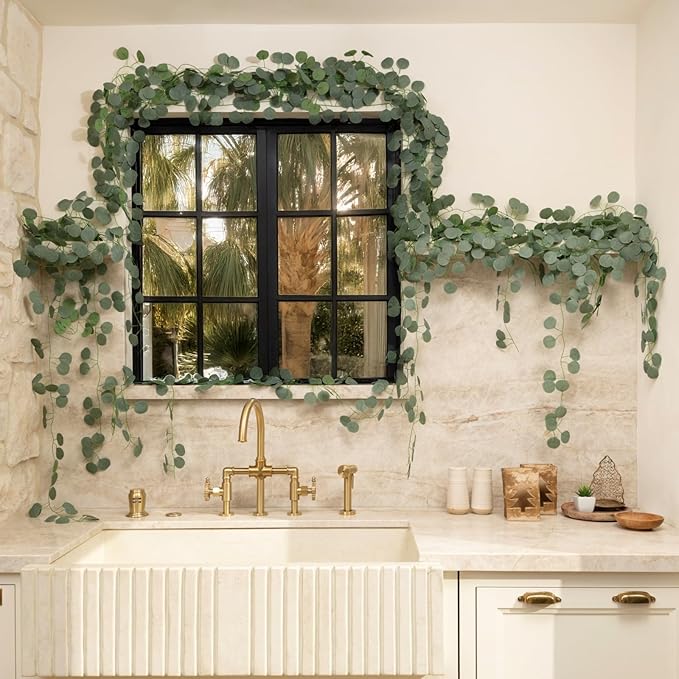 CQURE 96Pcs Eucalyptus Garland,Artificial Eucalyptus Leaves Table Greenery Garland Wreath Vines for Wedding Party Table Fireplace Wall Room Decor
