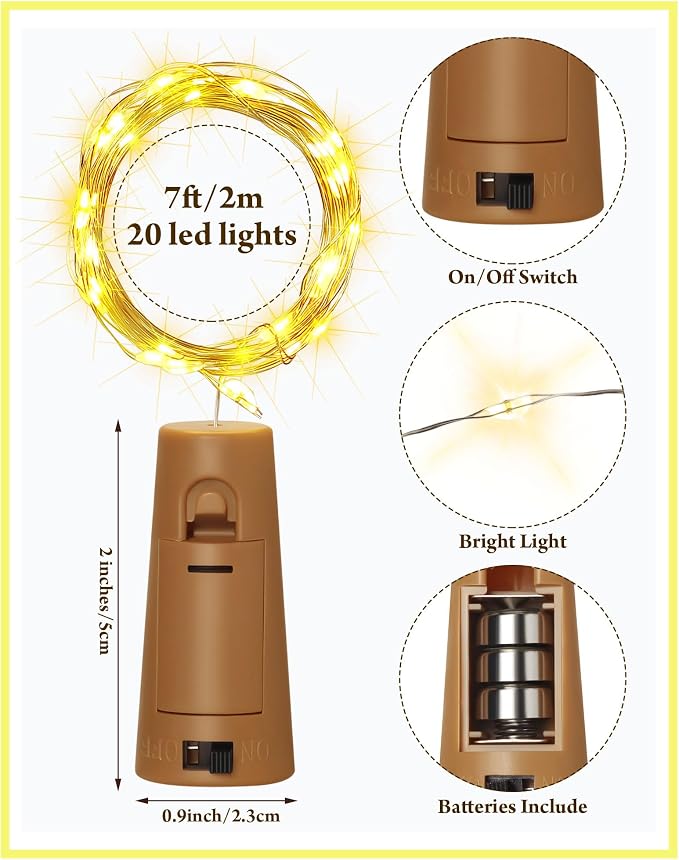 Hortsun 80 Pack Wine Bottle LED Lights with Cork Fairy Mini String Lights Battery Operated Mini Waterproof 7 ft Silver Wire 20 LED Cork Shape for Valentines, DIY, Party, Decor, Wedding (Warm White)