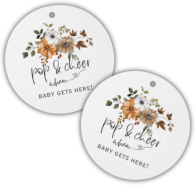 Pop It When She Pops Boho Mini Champagne Fall Hang Tags | 30 pk 2.5” with Holes Neutral Floral Labels for Baby Shower Bubbly Wine Stickers