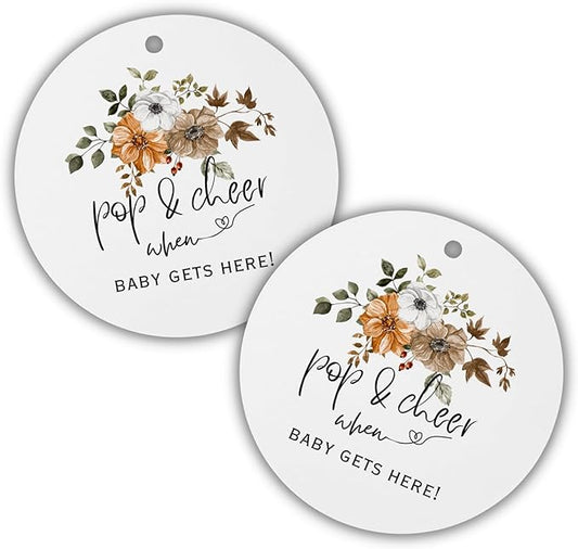 Pop It When She Pops Boho Mini Champagne Fall Hang Tags | 30 pk 2.5” with Holes Neutral Floral Labels for Baby Shower Bubbly Wine Stickers