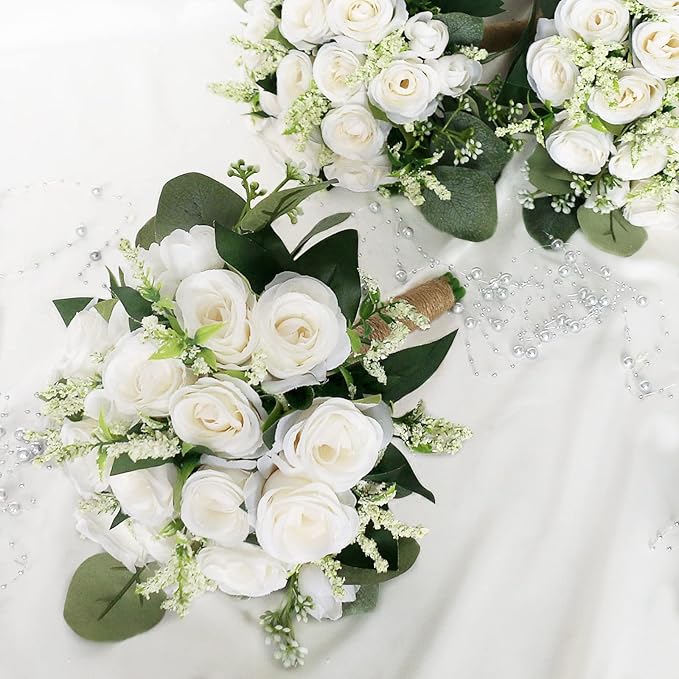 Set of 6 Bridesmaid Bouquets for Wedding - 7 Inch Artificial Ivory Flower Bouquet for Party Ceremony Anniversary Dinning Table Centerpieces Decor - Ivory