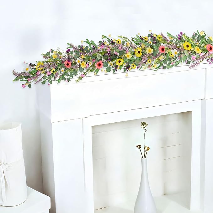 3pcs 6 ft Artificial Wildflower Garlands Wisteria Lavender Garland Daisy and Lavender Faux Floral Vine Summer Spring Floral Fake Garland All Year Round Home Decor for Indoor Outdoor Wedding Arch