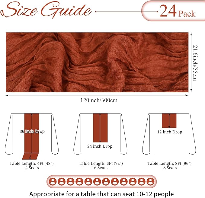 24 Pack Terracotta Cheesecloth Table Runner 10FT Boho Gauze Cheese Cloth Table Runner Rustic Sheer Fabric Table Runners for Wedding Bridal Shower Baby Shower Party(21.5×120 Inch)