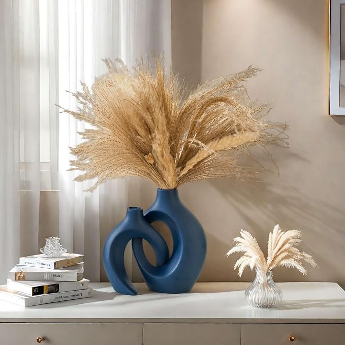 Lvases Snuggle Hollow Ceramic Flower Vase Set 2, 8.4" H Matte Navy Blue | Nordic Boho Home Decor Modern Aesthetic Ins Style Living Room Coffee Table Centerpieces Pampas Grass Decorative Display