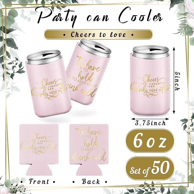 Qinyoung 50 Pieces Pink Rose Wedding Can Cooler Bulk Engagement Party Favors for Guests Cheers to Love Laughter and Happily Ever After Rehearsal Dinner Decorations for Wedding Bridal Party