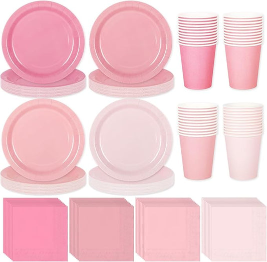 Whaline 244Pcs Pink Tableware Set Serves 48 Gradient Pink Disposable Dinnerware 48 9" Plates 48 7" Plate 48 9oz Cups 100 Napkins for Wedding Birthday Party Supplies