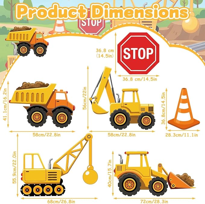 6 Pcs Large Construction Party Decorations, Truck Themed Cardboard Cutouts Standup, Excavator Traffic Cone Stop Yard Sign for Construction Birthday Baby Shower Indoor Outdoor Photo Prop