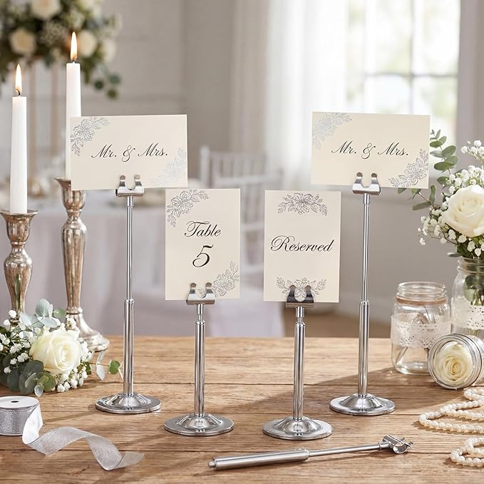 Kathfly Silver 12 Set Table Number Holders Adjustable Metal Place Card Holders Harp-clip Tabletop Sign Stands Detachable Card Holder for Weddings Birthday Restaurants Table Decor (4.9-7.3 Inch)