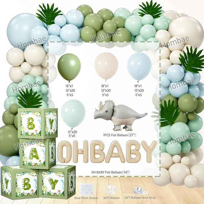 Hombae Dinosaur Baby Shower Decorations, Hatching Soon Baby Shower Supplies with Backdrop, Balloon Garland, Boxes, Mama Saurus Sash for Boys Dino Theme Party