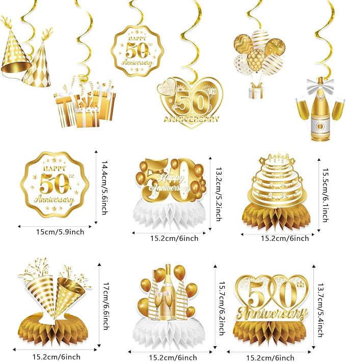 50th Anniversary Decorations, White Gold 50th Wedding Anniversary Decorations- Banner Backdrop Centerpieces Hanging Swirls Pom Pom Party Supplies