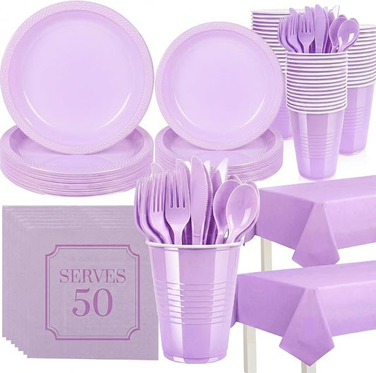 352 Pcs Lilac Plastic Plates Party Set, 50 Guests Disposable Dinnerware Set with Light Purple Tablecloths, Soft Lilac Plastic Plates Party Set for Baby Shower/Bridal Shower/Tea Party/Spring Event