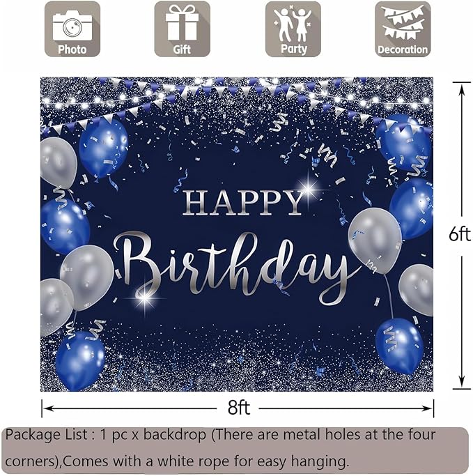 Happy Birthday Banner Backdrop for Men Boys Navy Blue and Silver Party Decorations Background Poster for Women Girls Supplies Polyester Fabric Indoor Outdoor 8x6ft