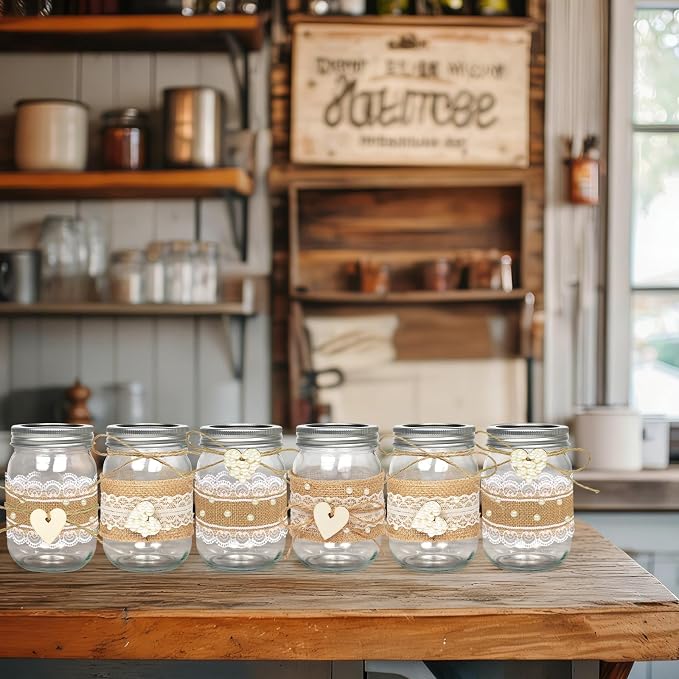 Cinrobiye 6 Sets Mason Jar Centerpieces with Eucalyptus & Lace Sleeve – Rustic Wedding Table Decor, Flower Centerpieces for Tables, Bridal Shower, Baby Shower, Engagement Party Decorations