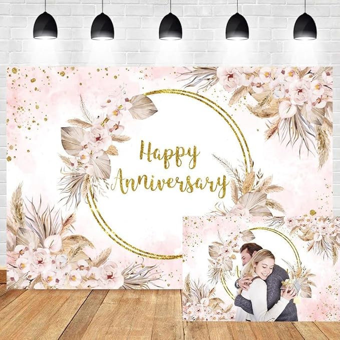 12x6ft Boho Happy Anniversary Backdrop Bohemia Pampas Grass Floral Engagement Banner Cheers to Wedding Anniversary Bridal Shower Party Decorations Blush Pink Floral Photography Background