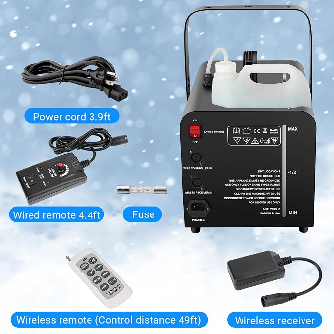 1500W Snow Machine: 9 LEDs Light - Wired & Wireless Remote Control- 7 Color Lights Effect - Snowflake Maker for Outdoor Party Wedding Stage Backyard Events