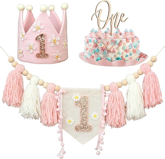 Daisy 1st Highchair Wood Bead Tassel Garland Crown Hat Wooden Cake Topper Birthday Decorations