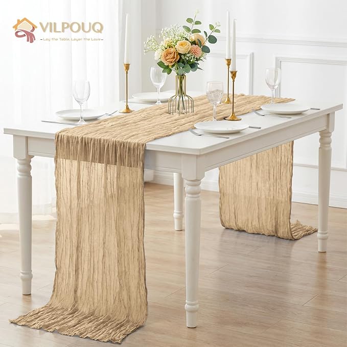 6 Pack Beige Cheesecloth Table Runner 21x120 Inches, Boho Gauze Rustic Semi Sheer Cheese Cloth Table Runners for Easter Wedding Bridal Baby Shower, Birthday Party, Long Farmhouse Table Decor