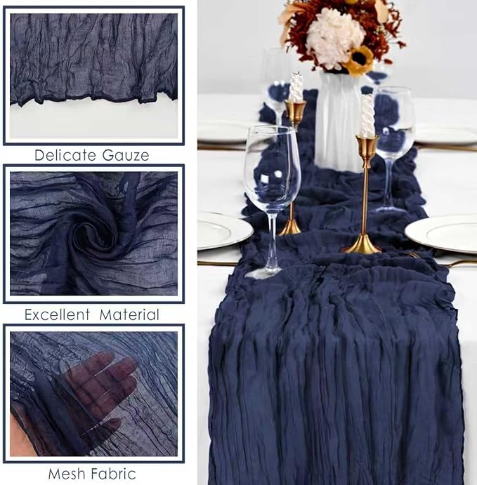 Cheesecloth Table Runner 10ft Rustic Gauze Cheese Cloth 35 x 120 Inches Long for Christmas Wedding Bridal Baby Shower Birthday Table Decorations (Navy Blue, 10 Pack-10FT)
