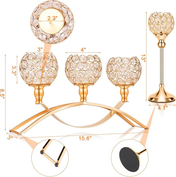 Gold Crystal Tealight Candle Holders Bling Bowl Candelabras 3 Arms Candlesticks Holder with Plastic Candles and Gloves Table Centerpiece Center Pieces Decoration for Wedding Party Anniversary