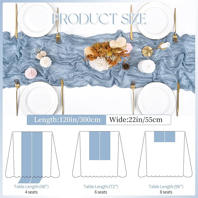 16 Pack Dusty Blue Cheesecloth Table Runner 120 Inch 10FT Spring Boho Rustic Sheer Gauze Cheese Cloth Table Runner for Wedding Baby Shower Birthday Party Table Decor