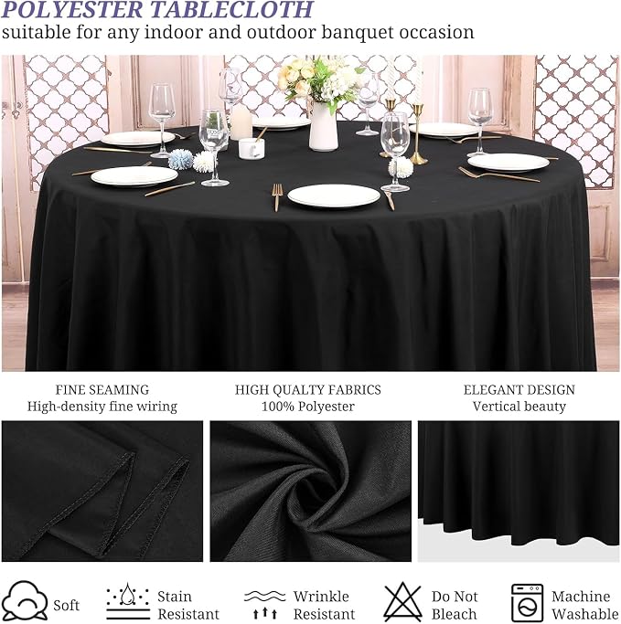 8 Pack Black Round Tablecloths 90 Inch, Premium Soft Polyester Table Cloth, Water Resistant & Wrinkle Free, Washable Circular Fabric Covers for Weddings, Parties, Banquets and Dining Tables