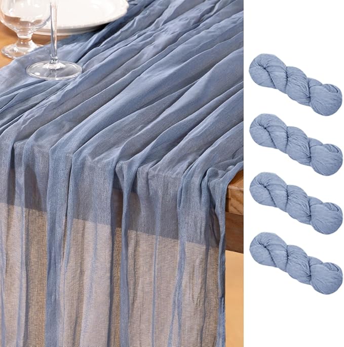 DeZerlor Dusty Blue Cheesecloth Table Runner 4 Pack Spring Easter Table Runners Boho Gauze 120 Inches Blue Table Decor for Wedding Bridal Baby Shower Parties