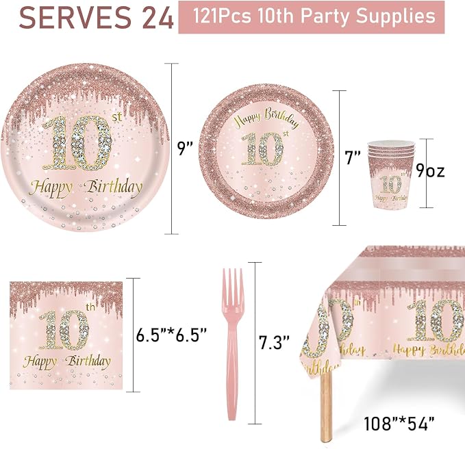 121Pcs 10th Birthday Party Supplies Plates Napkins Cups Forks Tablecloth Rose Gold Happy 10th Birthday Themed Disposable Tableware Decorations Serves 24 Guests for Girls 10 Years Old Birthday