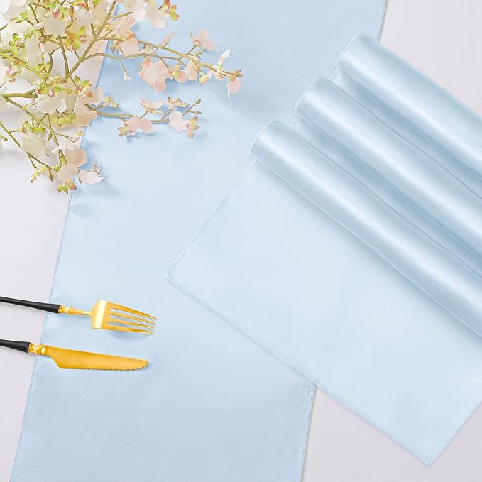 Horbaunal 12 Pack Light Blue Satin Table Runner 12 x 108 Inch, Smooth Table Runners for Wedding Banquets Birthday Party