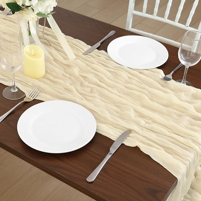 12 Pack Ivory Cream Cheesecloth Table Runner 120 Inch 10FT Cheese Cloth Runners for Wedding Decoration, Banquet, Boho Decor