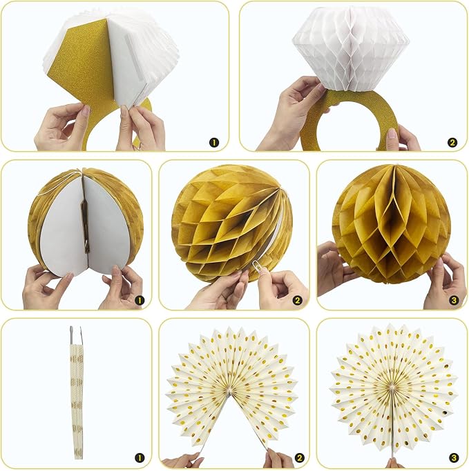 Daily Treasures 14PCS Gold White Engagement Party Decorations Kit - Hanging Ring Honeycomb Tissue Pom Poms,Paper Fans& 4m Banner for Engagement Wedding, Anniversary,Birthday Party Decor(Champagne)