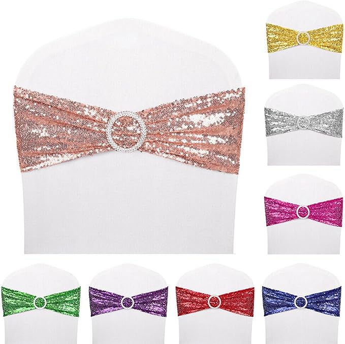 Dimatic 25 PCS Stretch Sequin Chair Sashes Chair Stretchy Spandex Bands for Wedding Reception Events Banquets Chairs Decoration (Rose Gold)