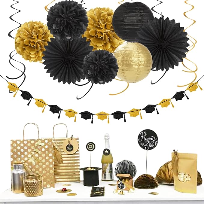 Black-Gold 2026 Class-Congratulations Graduation Party-Decorations - 22pcs High School College Grad Prom Supplies Decor, Tissue Pom Poms Streamers, Paper Flowers Lanterns Hugmoon