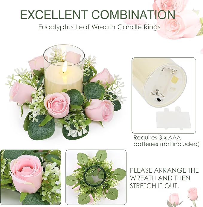 Pink Rose Candle Rings with Flameless Candles Sets - 12PCS Artificial Flower Eucalyptus Wedding Centerpiece 3 Inch Pillar Candleholders Wreaths for Wedding Party Decor (Pink - 6 Sets)