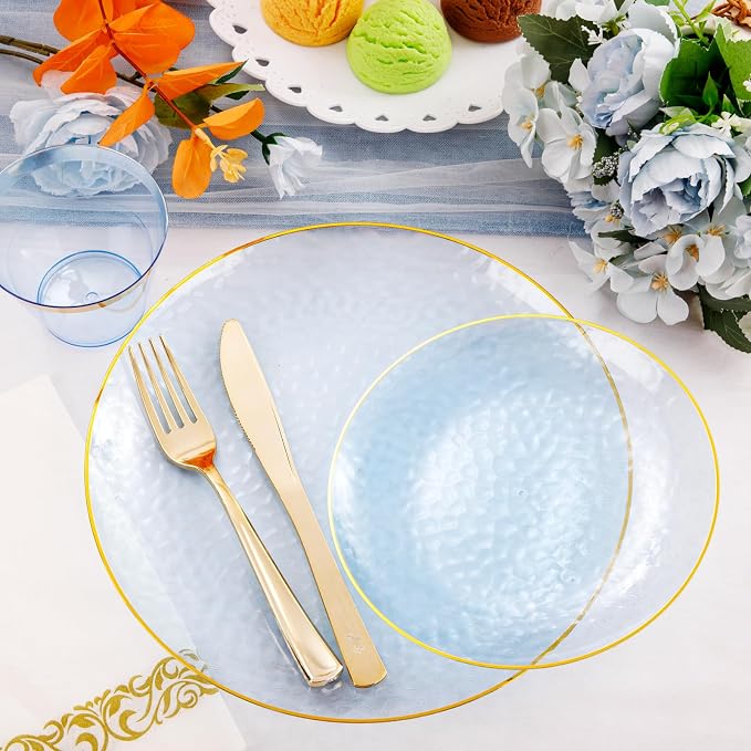 Rubtlamp 175 Pcs Plastic Dinnerware Set (25 Guests), Blue Disposable Plates With Gold Rim, Hammered Party Plates Set Include Dinner Platos, Dessert Platos, Cups, Cutlery And Napkins for Party