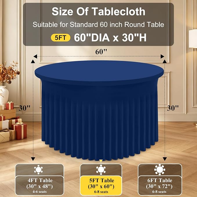 Smiry Round Spandex Tablecloth, Elastic Fitted Washable Tablecloths for 60 Round Tables, Waterpoof Stretch Table Cover Skirt for Outdoor, Wedding, Banquet & Parties, Navy