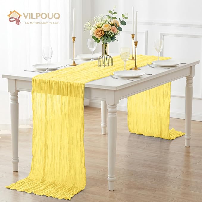 12 Pack Light Yellow Cheesecloth Table Runner 21x120 Inches, Boho Gauze Rustic Semi Sheer Cheese Cloth Table Runners for Easter Wedding Bridal Baby Shower, Birthday Party, Long Farmhouse Table Decor