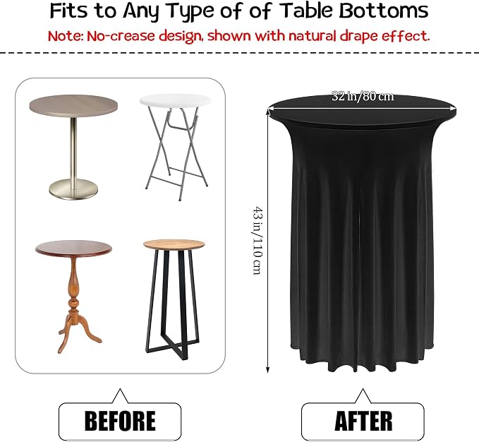 Kochorie 6 Pieces Cocktail Table Skirt Round Cocktail Table Covers 32 x 43 Inch Spandex Stretch High Top Table Cloth for Wedding Table Bar Banquet Party Supplies (Black)