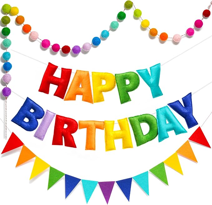 3 Pcs Pre-Strung Happy Birthday Banner, Felt Ball Garland, Pennant Triangle Flags, Rainbow Party Decorations, HAPPY BIRTHDAY Garland, Personalized Holiday Sign for Birthday Decor, Party Supplies, Photo Prop ( Felt Banner + Pennant Flags + Rainbow Balls)