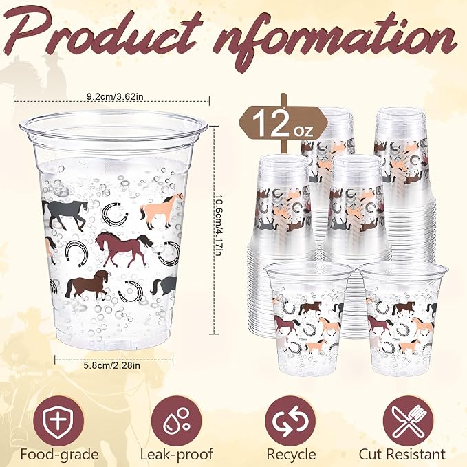 Funnymoom 60 Pack Western Horse Cups 12 oz Horse Racing Theme Disposable Clear Plastic Drinking Cups Bulk for Western Cowboy First Rodeo Farm Themed Birthday Baby Shower Party Decorations Supplies