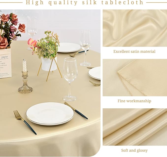 12 Pack 120 Inch Round Tablecloth, Champagne Satin Fabric Table Cloth for Round Table, Wrinkle Resistant Washable Table Cover Bright Silk Table Clothes for Wedding Party Dining Table Banquet