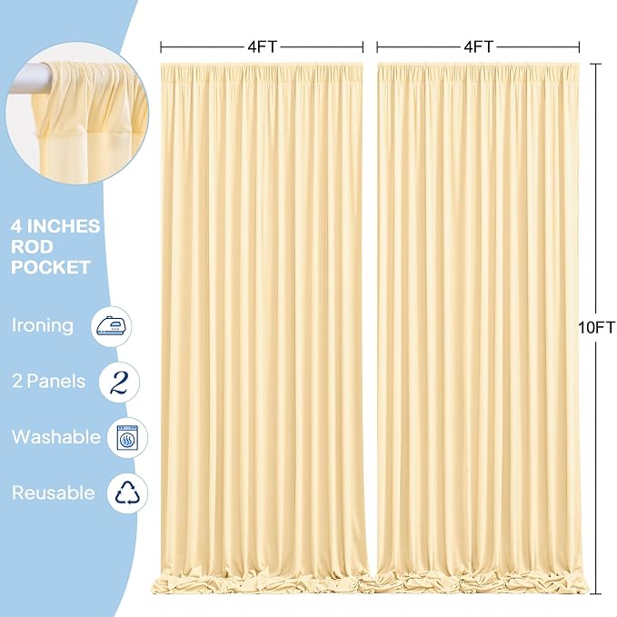 2 Panles Champagne Backdrop Curtains - Wrinkle Free Fabric Backdrop Curtain for Photoshoot, 10FT Wedding Party Photo Backdrop Drapes for Birthday Baby Shower Photography Stage Background Decorations