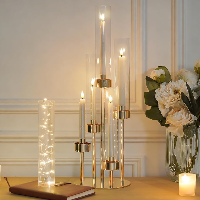 5-Arm Black Metal Table Candelabra Centerpiece, 22" Tall Clear Candlesticks Holder with Shade for Valentines Day Events Party Table Centerpiece,Fit LED Candles (4, Gold, S-22in)
