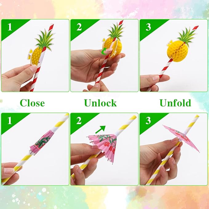 100PCS Flamingo Fruit Paper Straws,Disposable Plastic Drinking Straws,Tropical Hawaiian Beach Summer Pool Party Cocktail Decorations - Assorted Colors