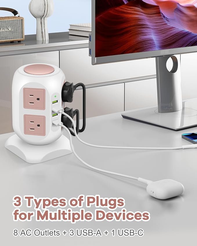 Rose Gold Power Strip Desk Accessories for Women, Girls - Flat Plug Outlet Extender (8 Outlet 4 USB Port) - 10FT Extension Cord Tower Surge Protector - USB C Charging Station - Home Office Room Decor