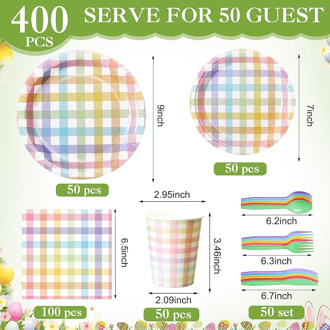 Funnymoom 400 Pcs Pastel Gingham Party Supplies for 50 Guests Pastel Pink Blue Yellow Checked Paper Plates and Napkins Cups Disposable Dinner Parties Set Cutlery for Holiday Spring Party Favor