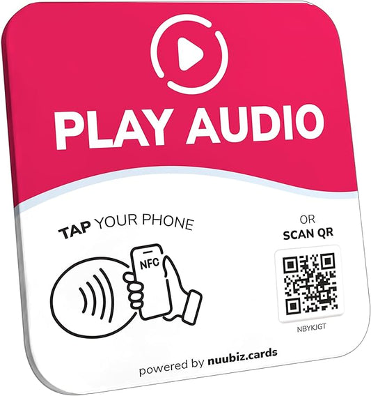 NFC Business QR Code Sign Plate for Playing Audio – Drive Offline Engagement Online – Works Like Review Tap Card & Social Media Sign – No App or Fees – Includes Stand or Adhesive