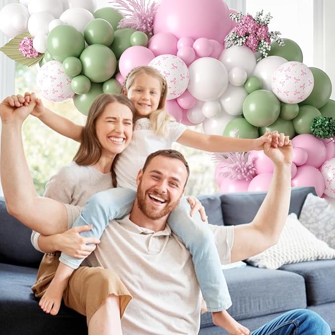 Sage Green Pink Balloons Garland, Green Pink Balloon Arch Kit with Bow White Latex Balloons for Baby Shower Birthday Bridal Wedding Party Decoration