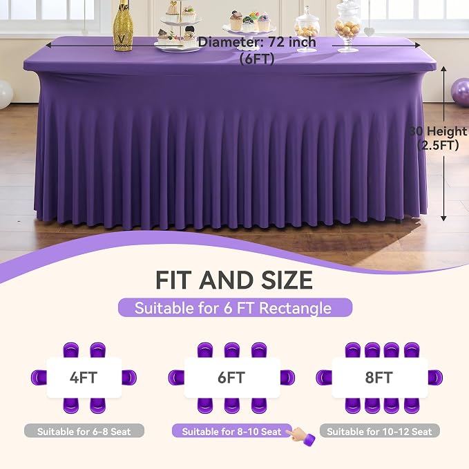 Outpain Deep Purple Spandex Table Clothes for 6 Foot Rectangle Tables-6Pack 6FT Spandex Fitted Table Cover, Wrinkle Free Tablecloths with Skirt for Parties, Wedding, Birthday, Banquet, Festival
