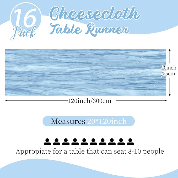 16 Pack Baby Blue Cheesecloth Table Runners 20x120 Inch Gauze Table Runner 10FT Easter Cheese Cloth Table Runner Rustic Sheer Runner for Wedding Baby Shower Birthday Party Table Decor
